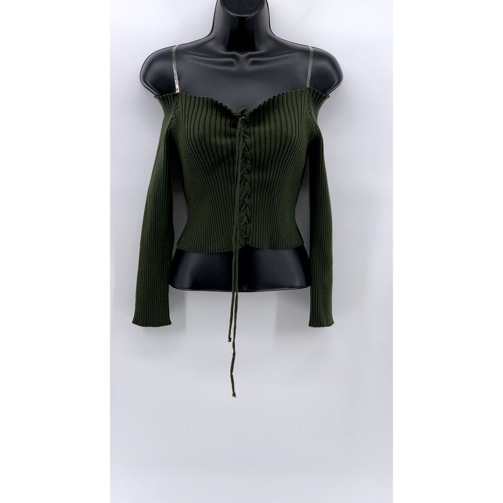 CHOCOLATE USA Women's Green Ribbed Long Sleeve Off-The-Shoulder Lace-Up Top SZML